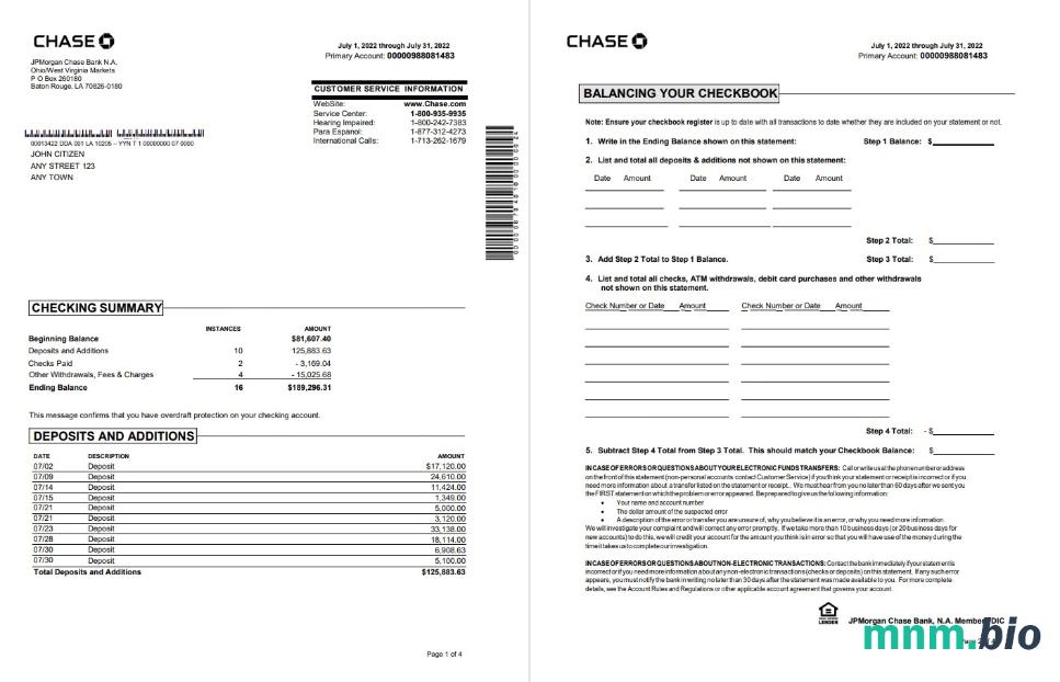 USA Chase bank karta kredytowa statement szablon w .doc i .format pdf